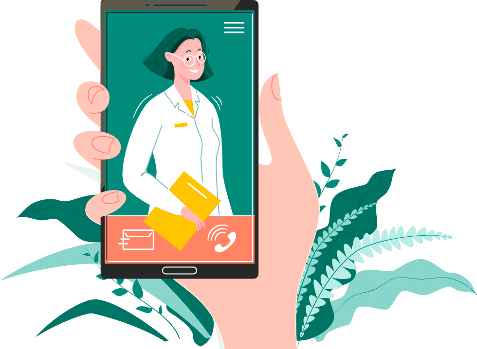 Illustration of a pharmacist on a phone screen, held in a hand with plants